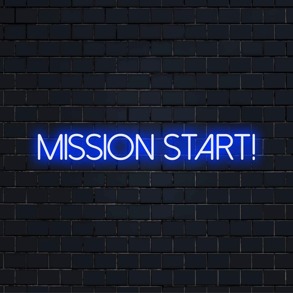 Custom LED neon sign reading Mission Start! in modern, bold letters; ideal for vibrant, personalized neon wall aesthetics.