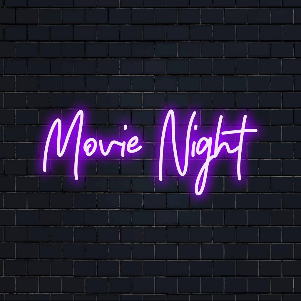 Custom LED neon sign stating Movie Night in bright neon, perfect for home theater decor. Ideal neon wall art for film enthusiasts.