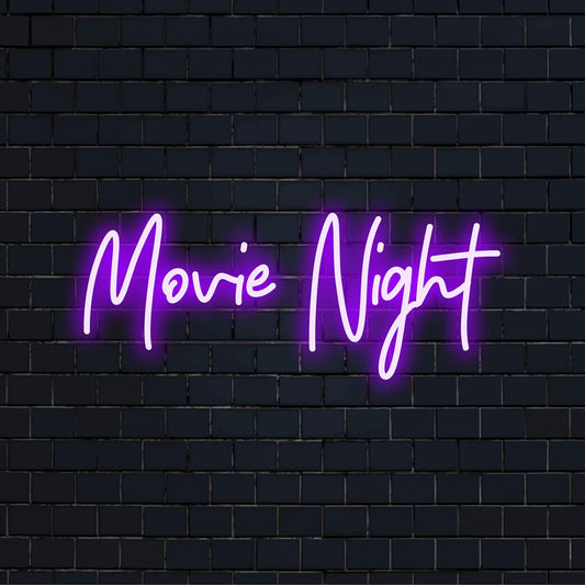 Custom LED neon sign stating Movie Night in bright neon, perfect for home theater decor. Ideal neon wall art for film enthusiasts.