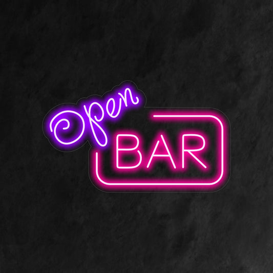 "Open Bar Neon Sign" is a festive and inviting addition, perfect for spaces that embrace celebration and a lively atmosphere. Illuminate with the promise of an open bar!