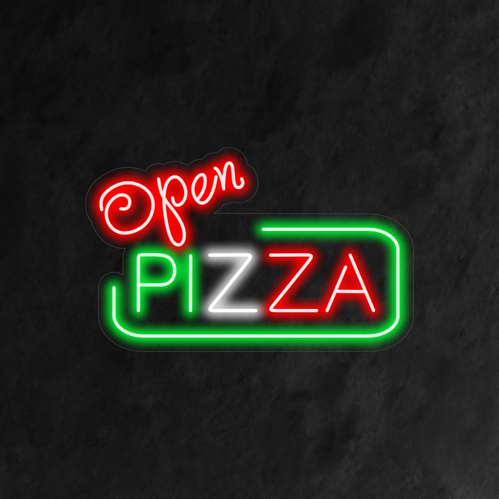 "Open Pizza Neon Sign" is a savory and irresistible addition, perfect for pizzerias opening their doors to pizza lovers. Illuminate with the aroma of freshly baked goodness!