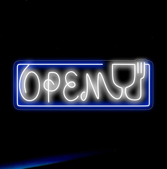 "Open with Fork and Glass Neon Sign" is a gourmet and refined addition, perfect for restaurants inviting guests to enjoy a delectable dining experience. Illuminate with the promise of culinary delights!