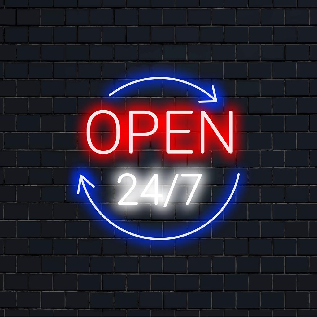 Neon signage displaying Open 24/7 in striking LED lights, eye-catching decor for any space.