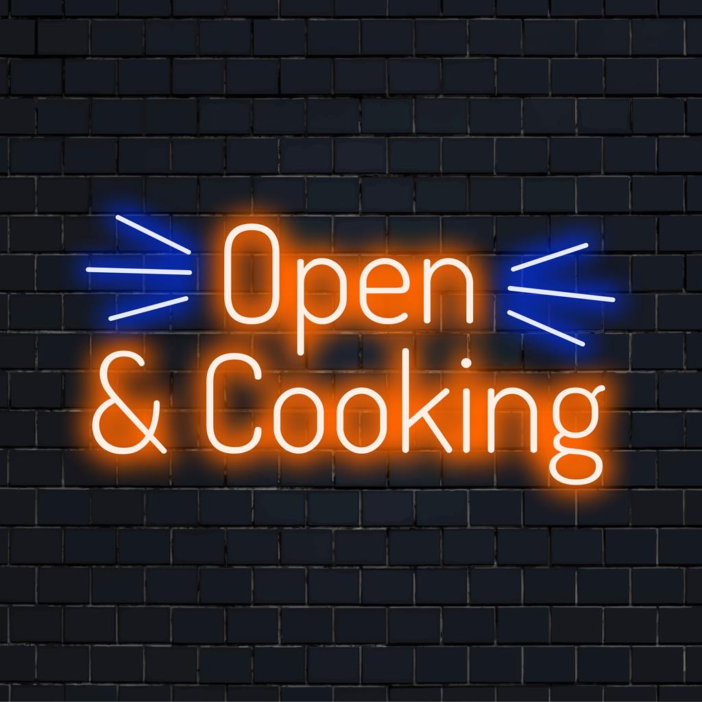 Custom-made LED neon sign featuring Open And Cooking perfect for dynamic decor vibes and personalized illumination.