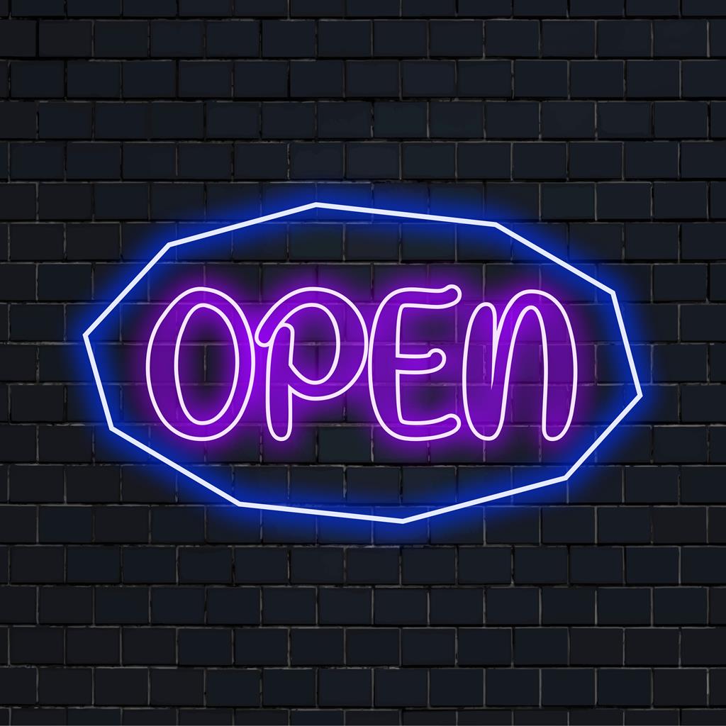 Vibrant custom LED neon sign spelling Open; perfect for unique business sign or home neon decor.