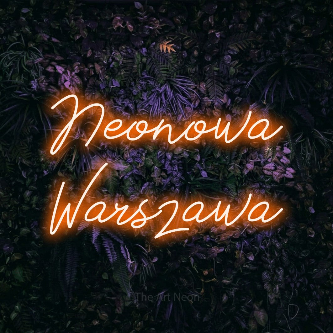 LED neon sign reading “Neonowa Warszawa”, arranged in two lines.