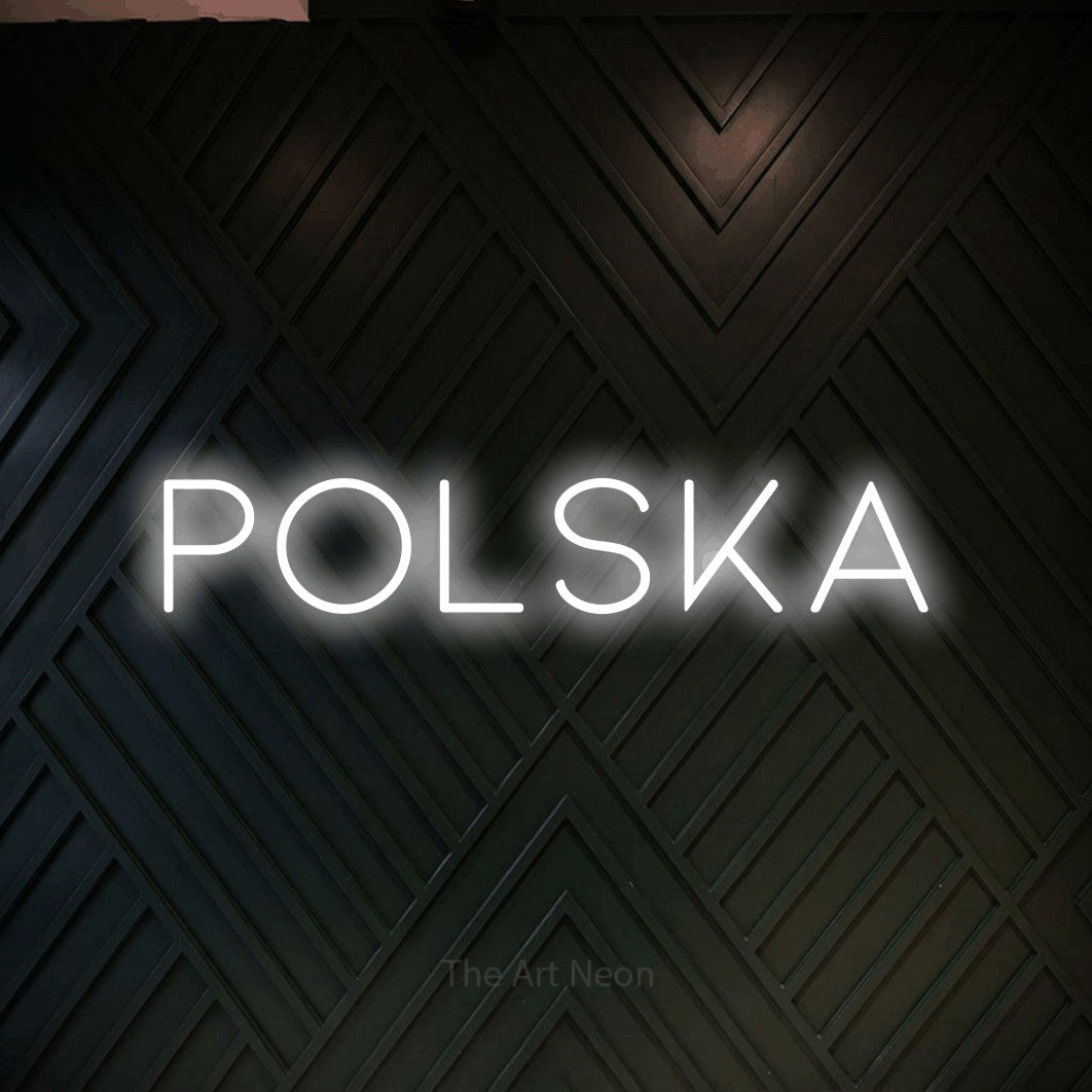 LED neon sign reading “Polska”, arranged in a single line.