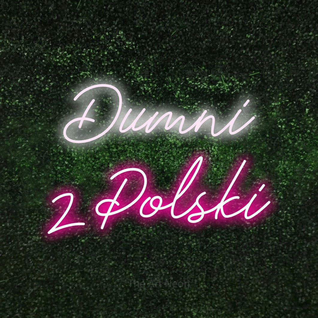 LED neon sign reading “Dumni z Polski”, arranged in two lines.