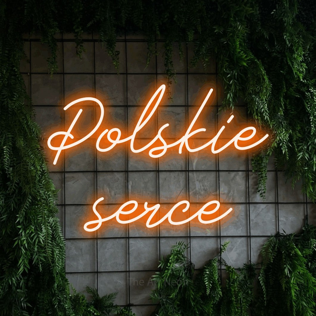 LED neon sign reading “Polskie serce”, arranged in two lines.