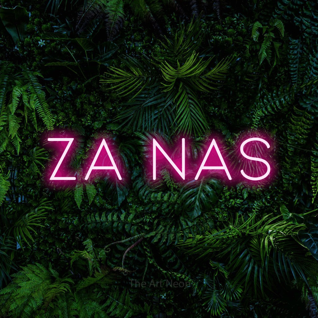 LED neon sign reading “Za nas”, arranged in a single line.