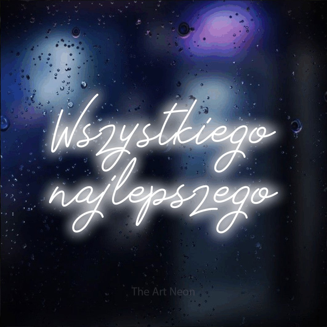 LED neon sign reading “Wszystkiego najlepszego”, arranged in two lines.