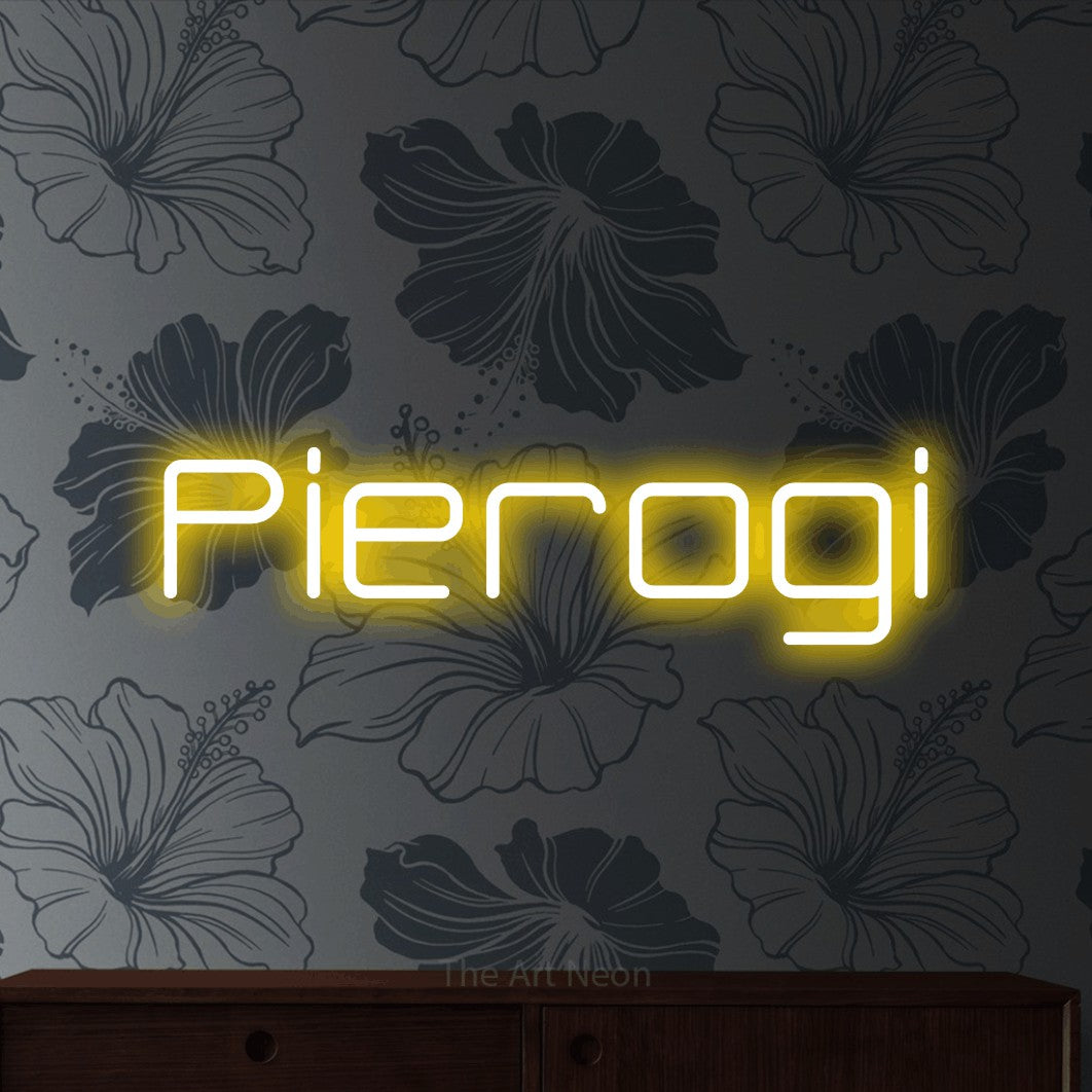 LED neon sign reading “Pierogi”, arranged in a single line.