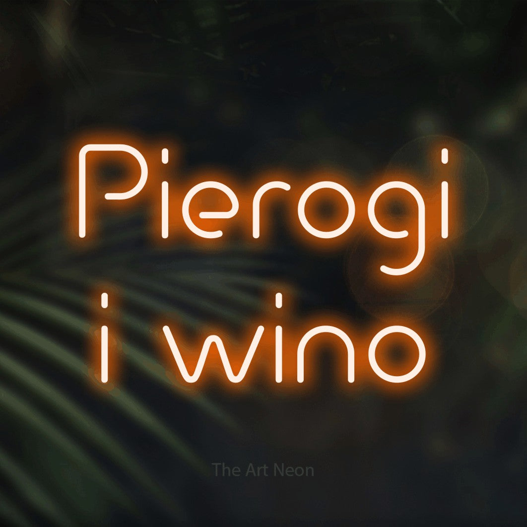 LED neon sign reading “Pierogi i wino”, arranged in two lines.