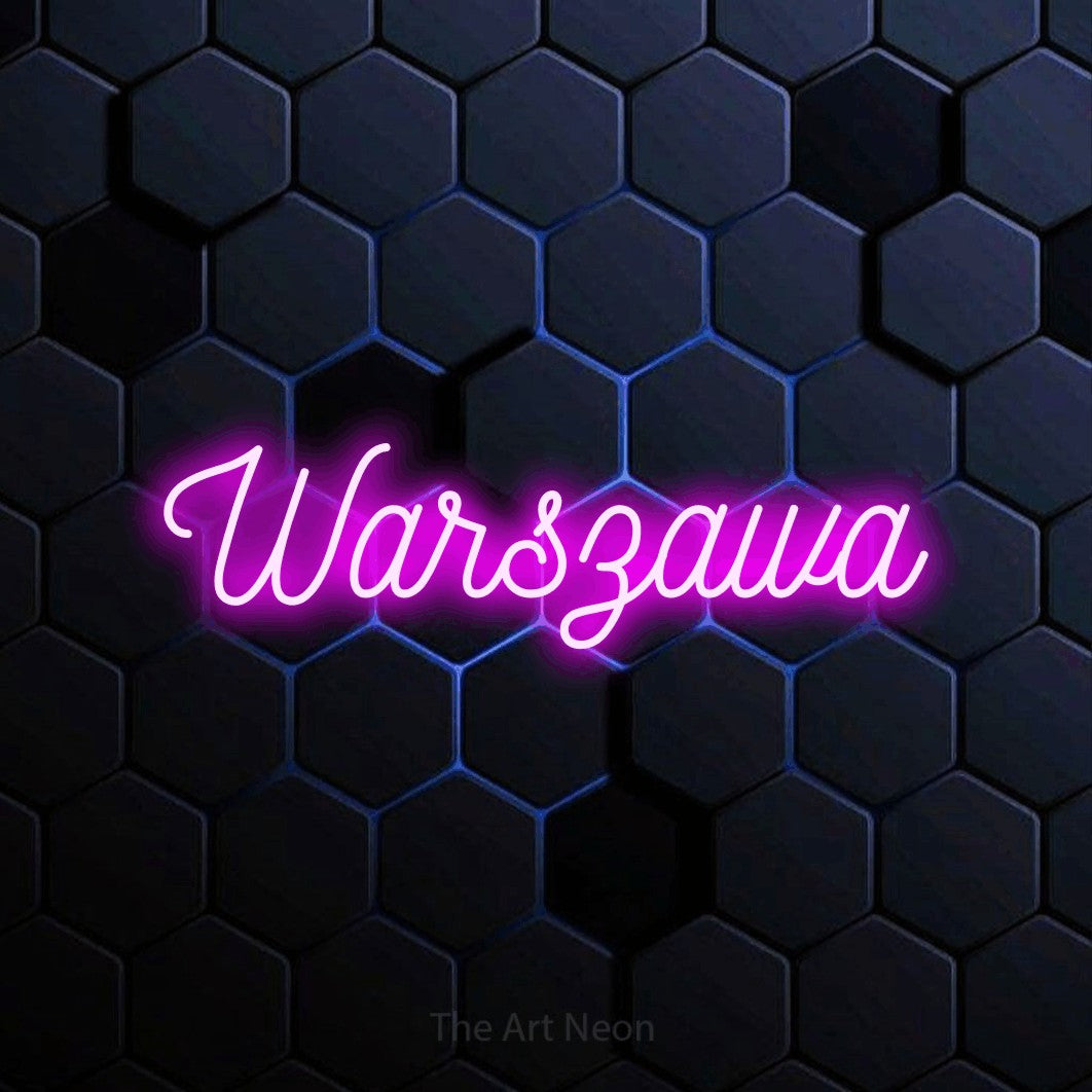 LED neon sign reading “Warszawa”, arranged in a single line.