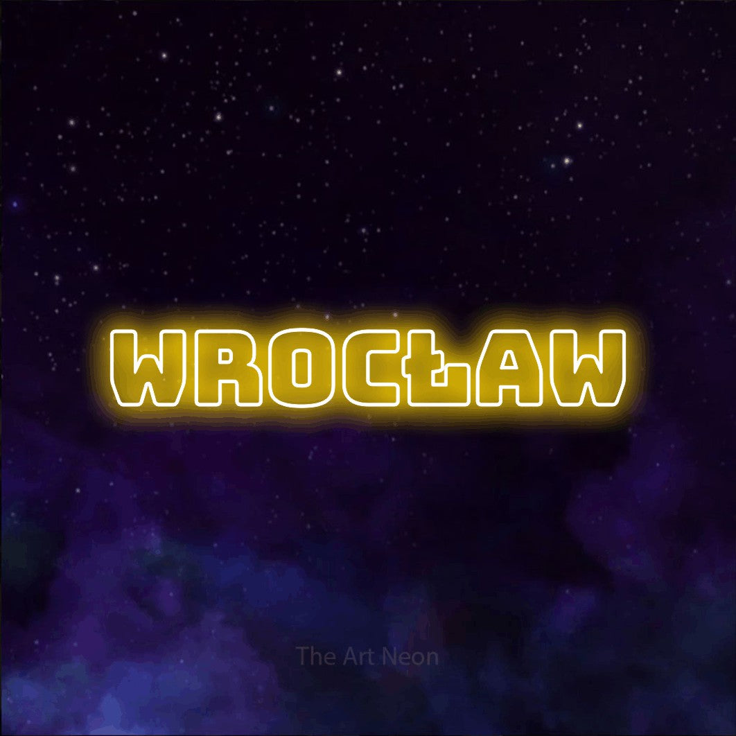 LED neon sign reading “Wrocław”, arranged in a single line.