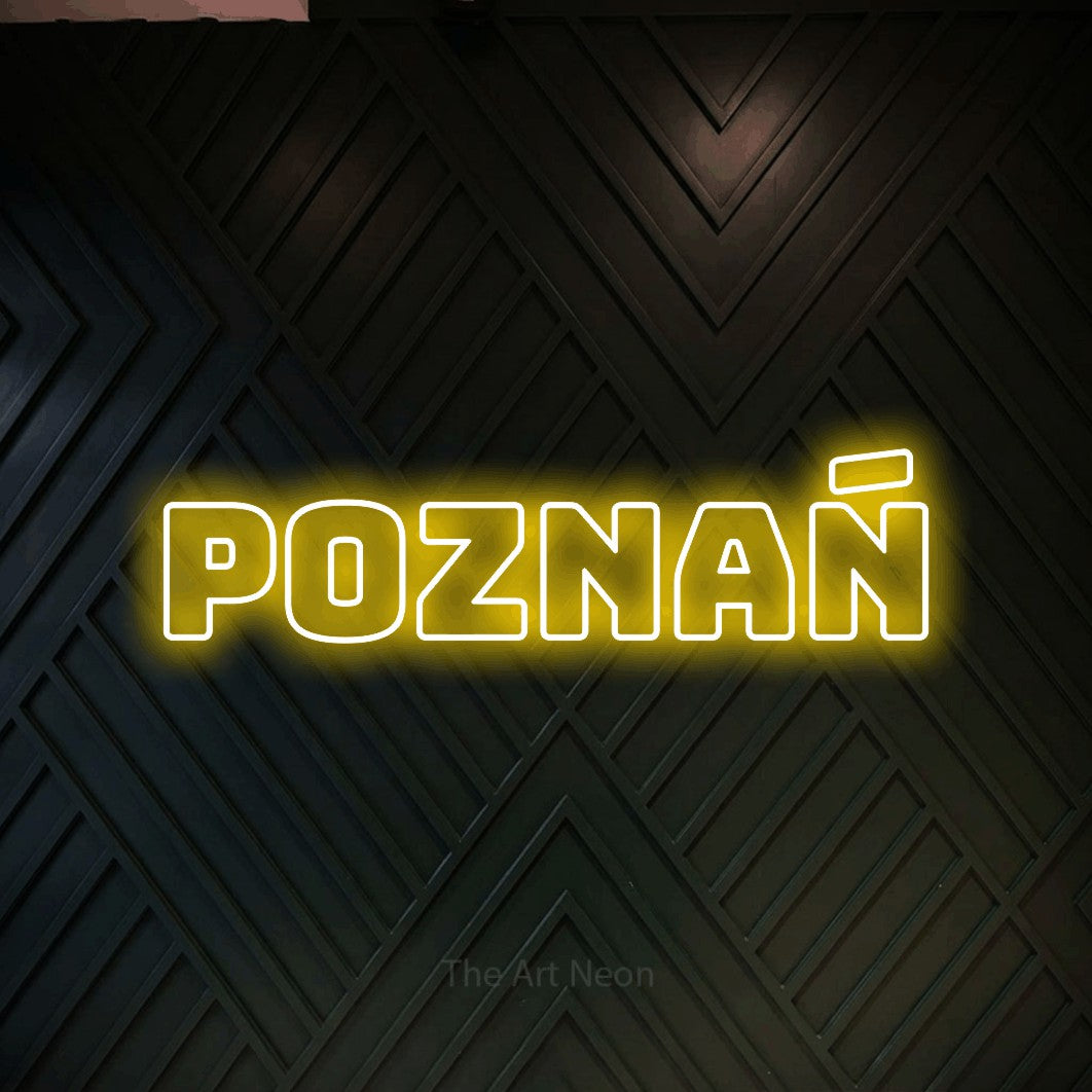 LED neon sign reading “Poznań”, arranged in a single line.