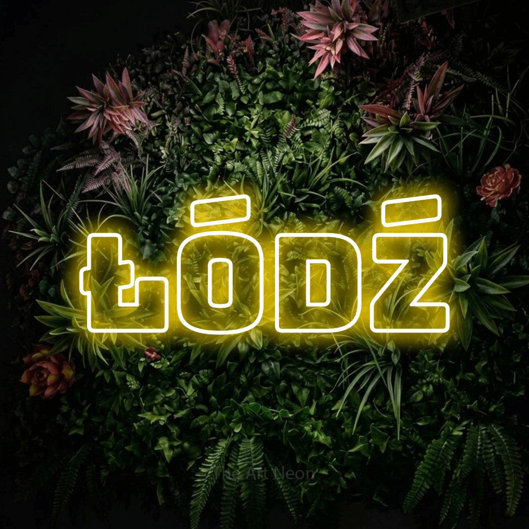 LED neon sign reading “Łódź”, arranged in a single line.
