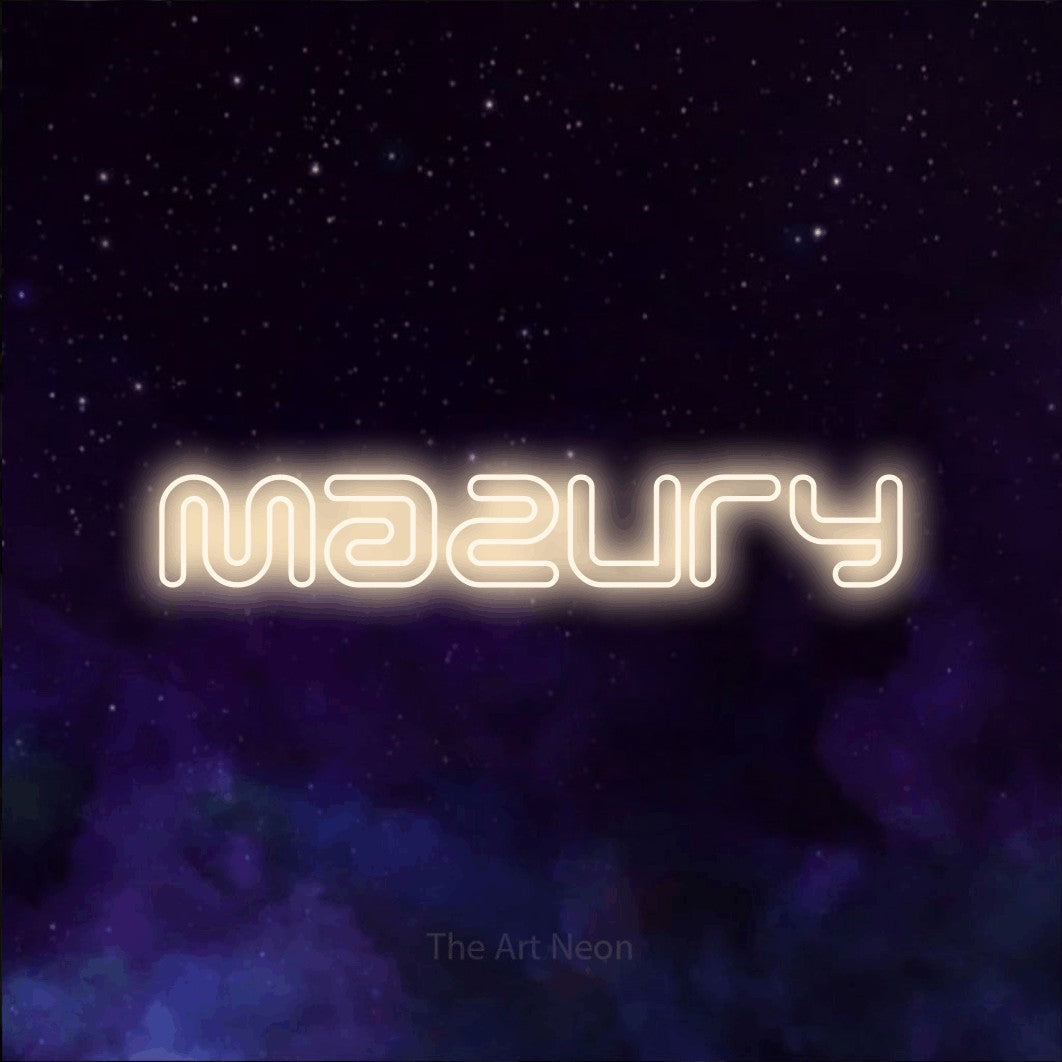 LED neon sign reading “Mazury”, arranged in a single line.