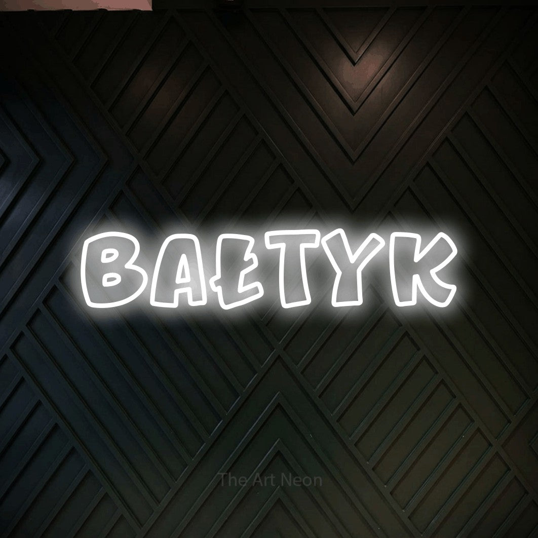 LED neon sign reading “Bałtyk”, arranged in a single line.