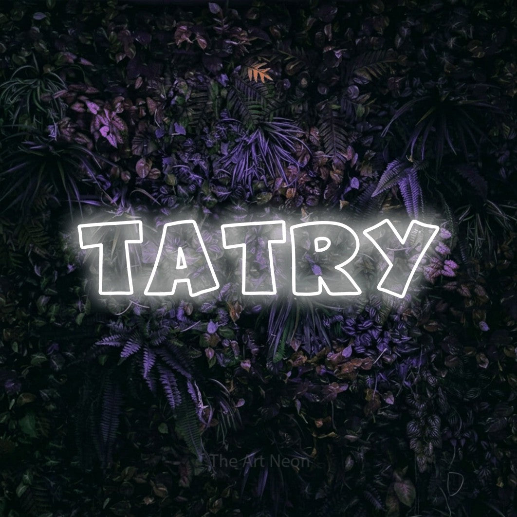 LED neon sign reading “Tatry”, arranged in a single line.