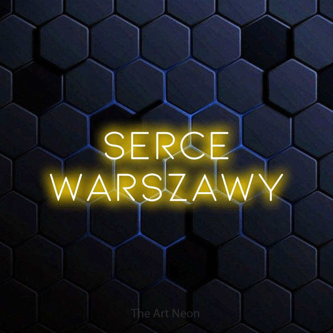 LED neon sign reading “Serce Warszawy”, arranged in two lines.