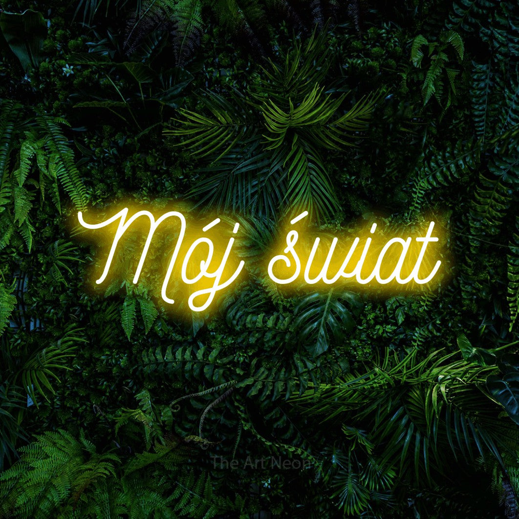 LED neon sign reading “Mój świat”, arranged in a single line.