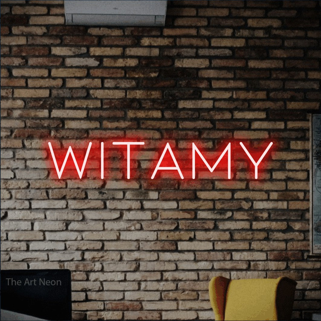 LED neon sign reading “Witamy”, arranged in a single line.