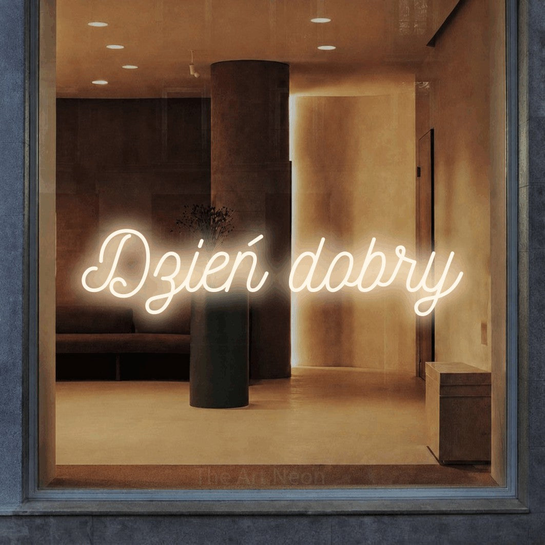 LED neon sign reading “Dzień dobry”, arranged in a single line.