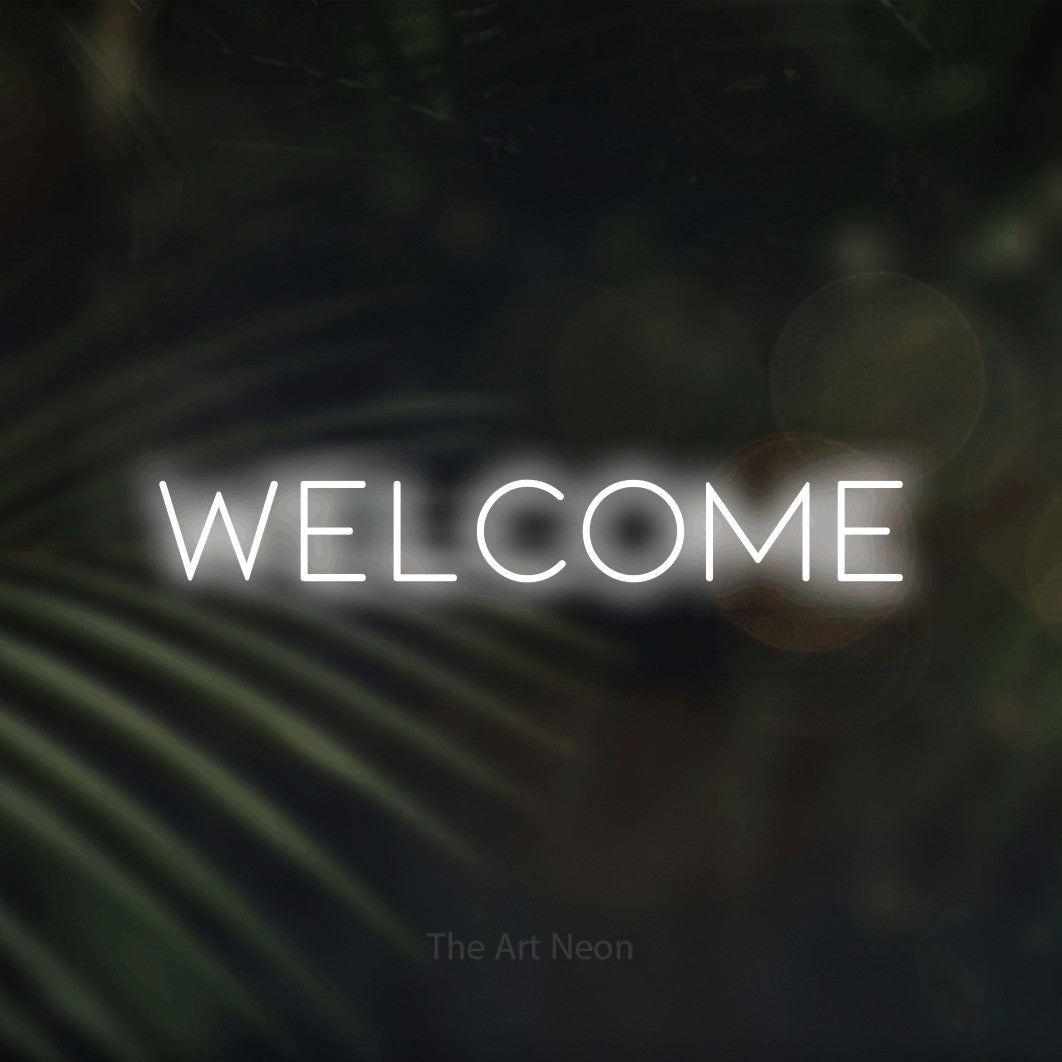 LED neon sign reading “Welcome”, arranged in a single line.
