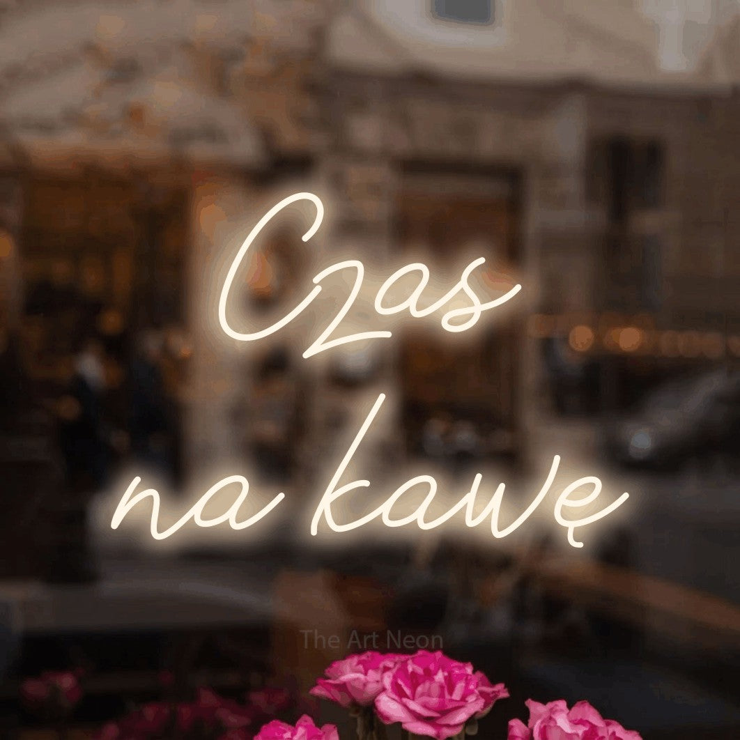 LED neon sign reading “Czas na kawę”, arranged in two lines.