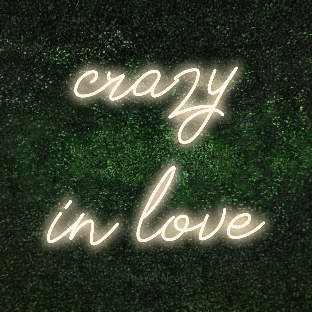 LED neon sign reading “crazy in love”, arranged in two lines.