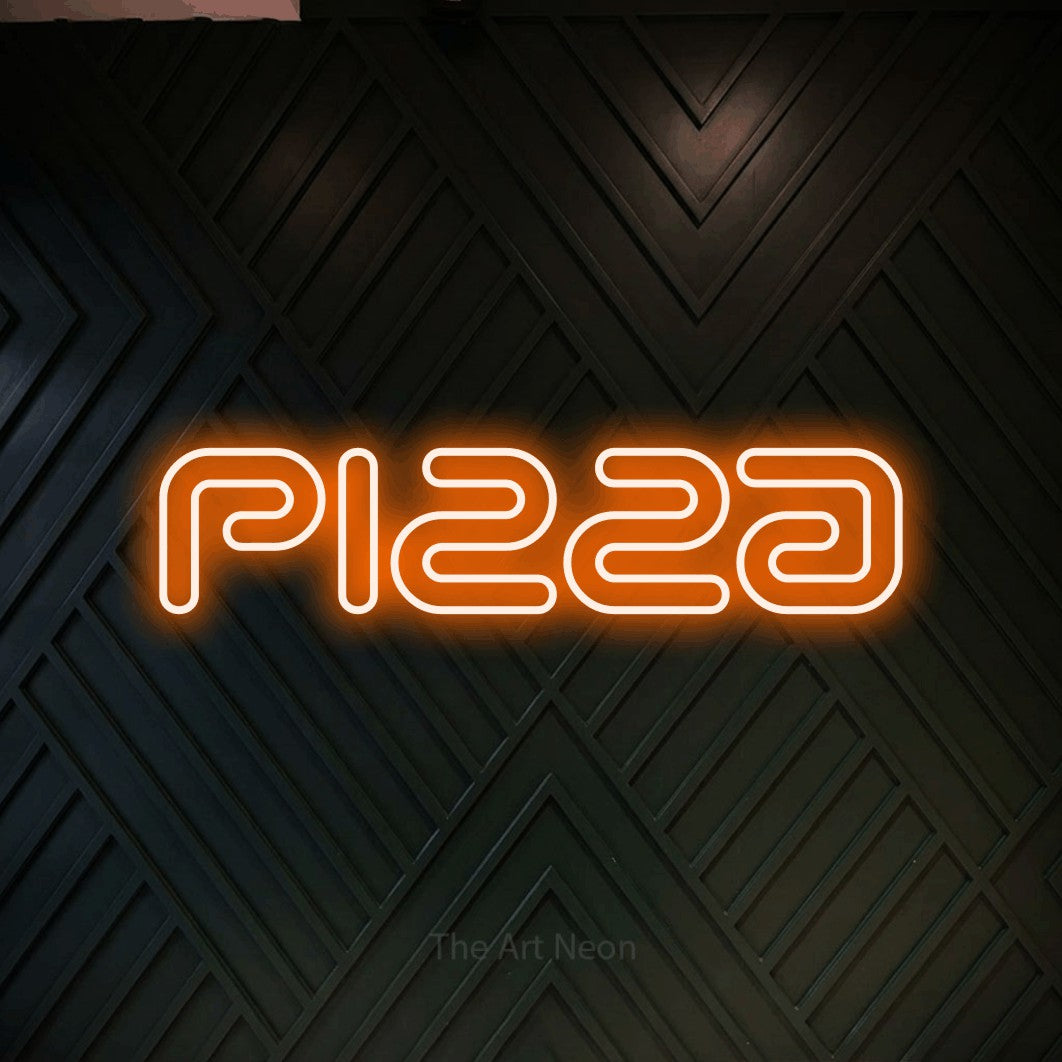 LED neon sign reading “Pizza”, arranged in a single line.