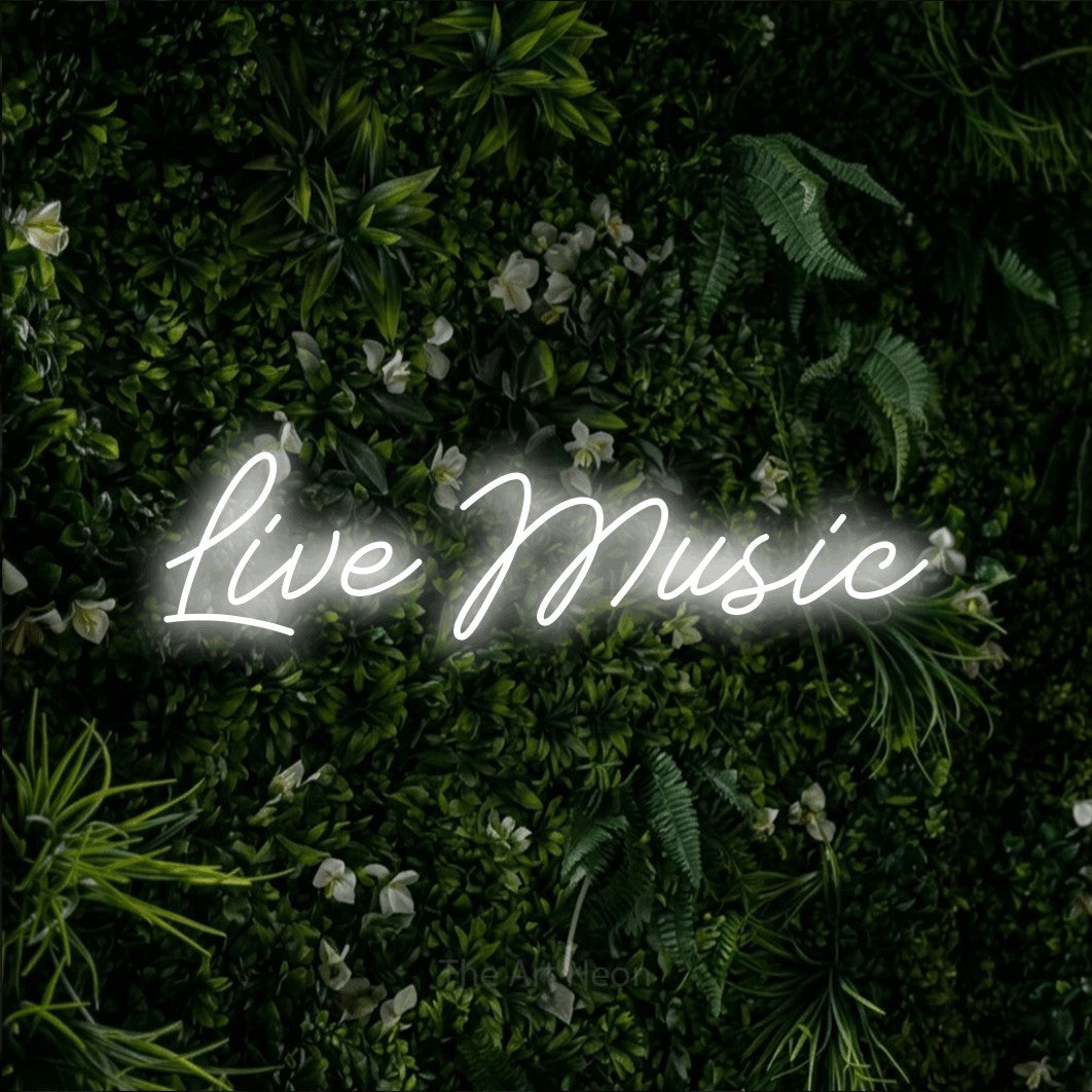 LED neon sign reading “Live Music”, arranged in a single line.