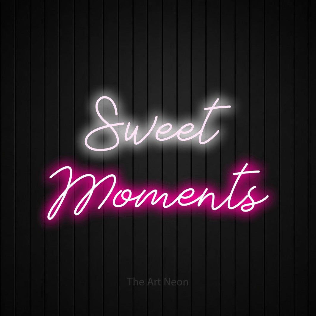 LED neon sign reading “Sweet Moments”, arranged in two lines.
