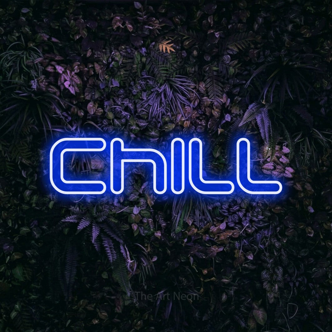 LED neon sign reading “chill”, arranged in a single line.