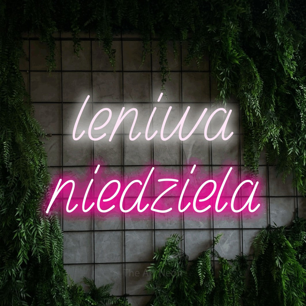 LED neon sign reading “leniwa niedziela”, arranged in two lines.