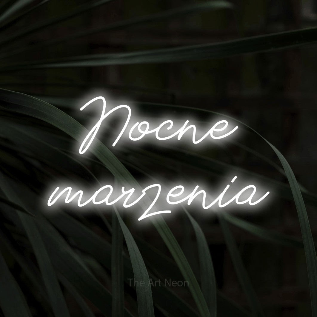 LED neon sign reading “Nocne marzenia”, arranged in two lines.