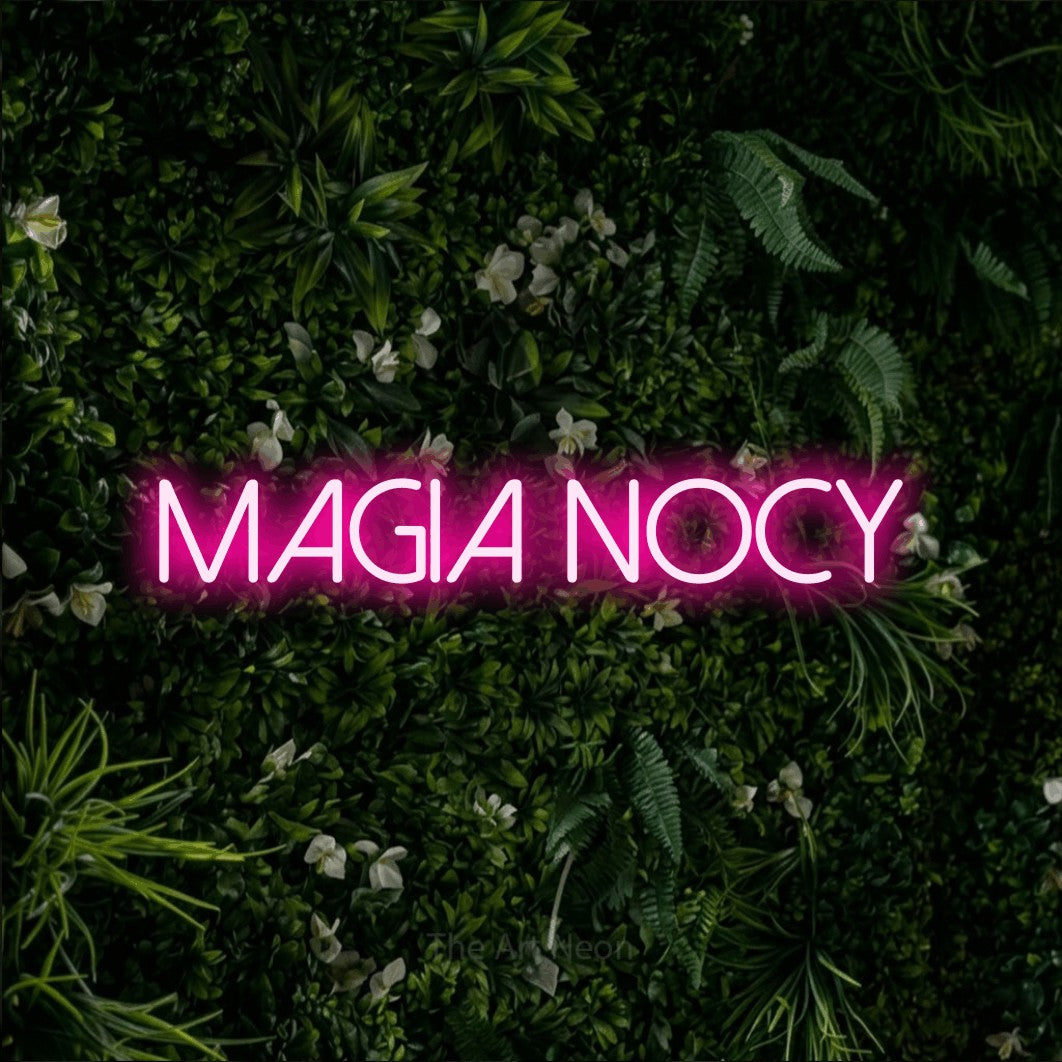 LED neon sign reading “MAGIA NOCY”, arranged in a single line.