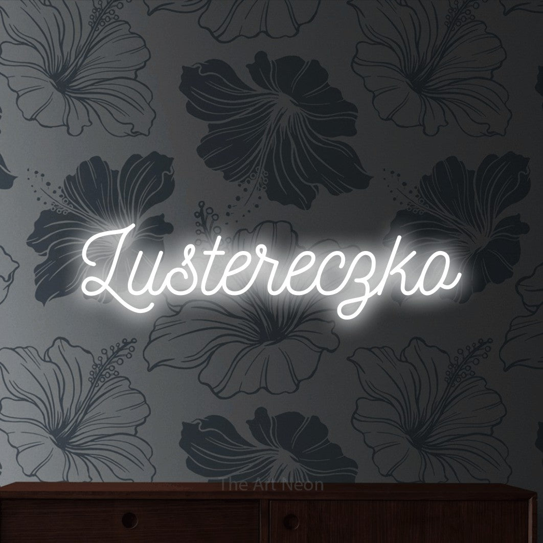 LED neon sign reading “Lustereczko”, arranged in a single line.