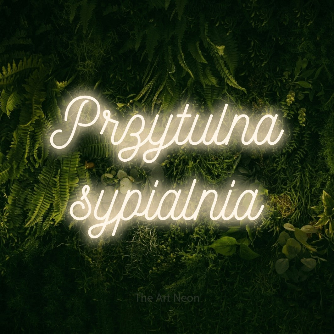 LED neon sign reading “Przytulna sypialnia”, arranged in two lines.