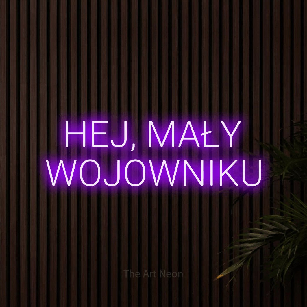 LED neon sign reading “HEJ, MAŁY WOJOWNIKU”, arranged in two lines.