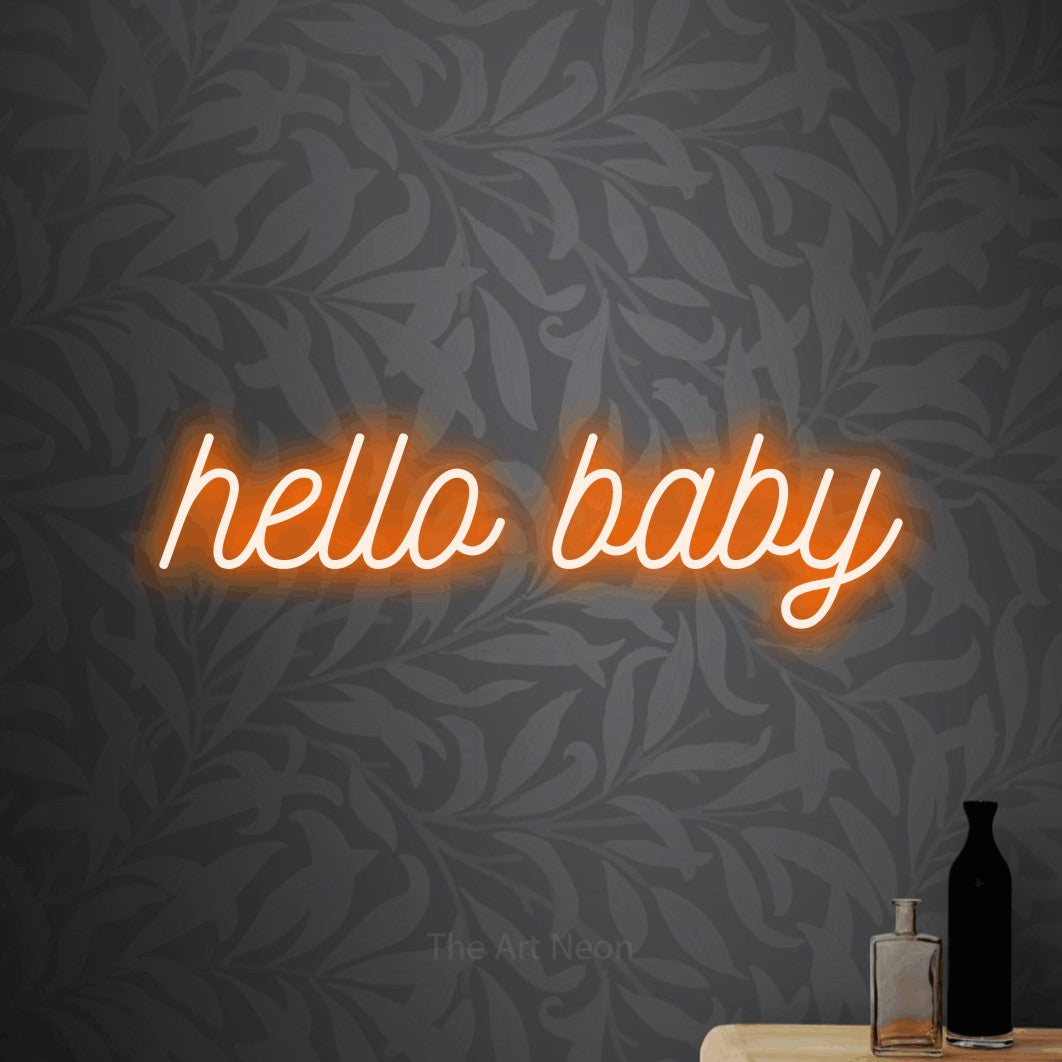 LED neon sign reading “hello baby”, arranged in a single line.