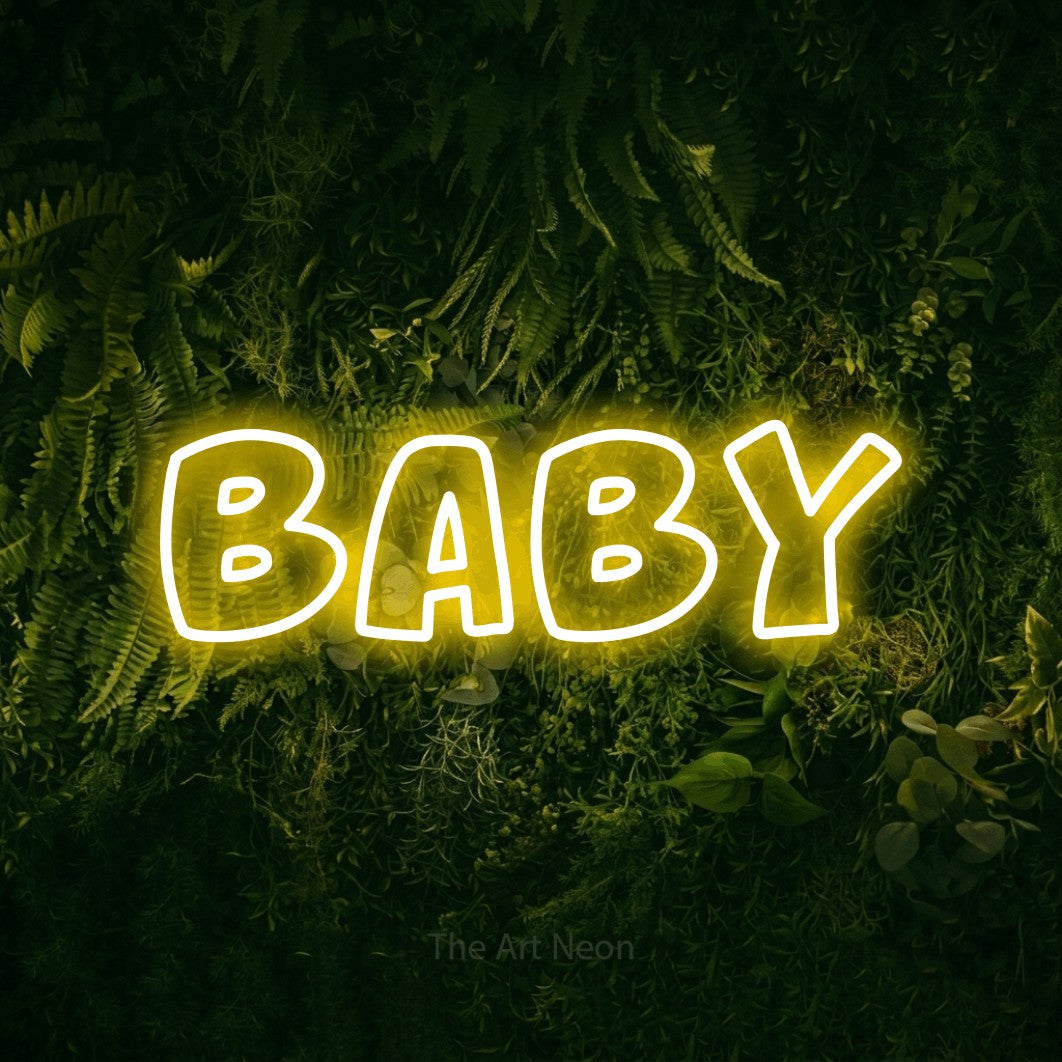 LED neon sign reading “Baby”, arranged in a single line.