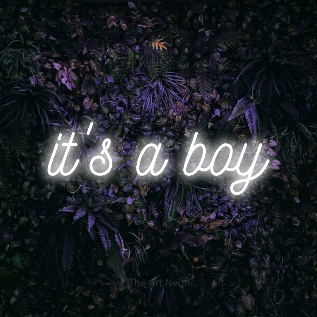 LED neon sign reading “it's a boy”, arranged in a single line.
