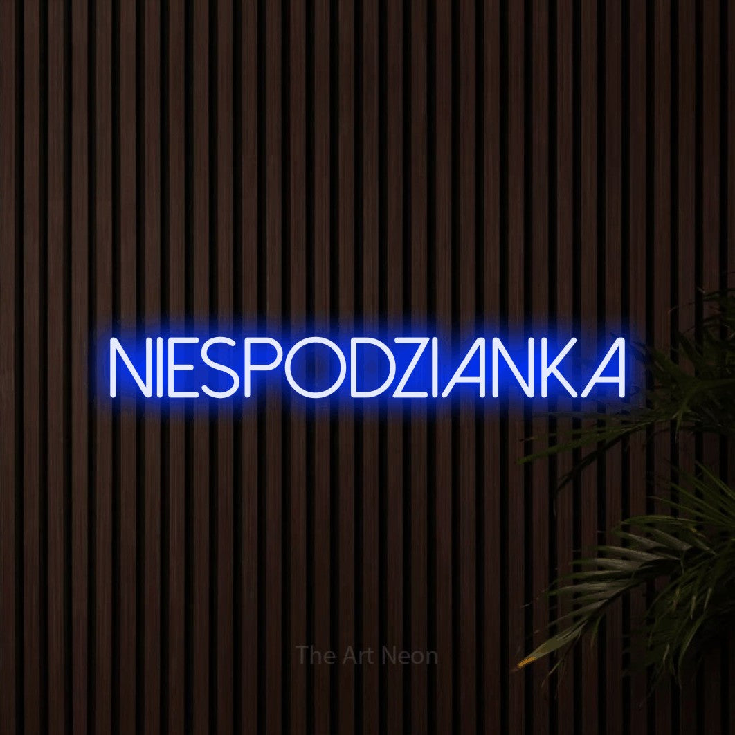 LED neon sign reading “niespodzianka”, arranged in a single line.