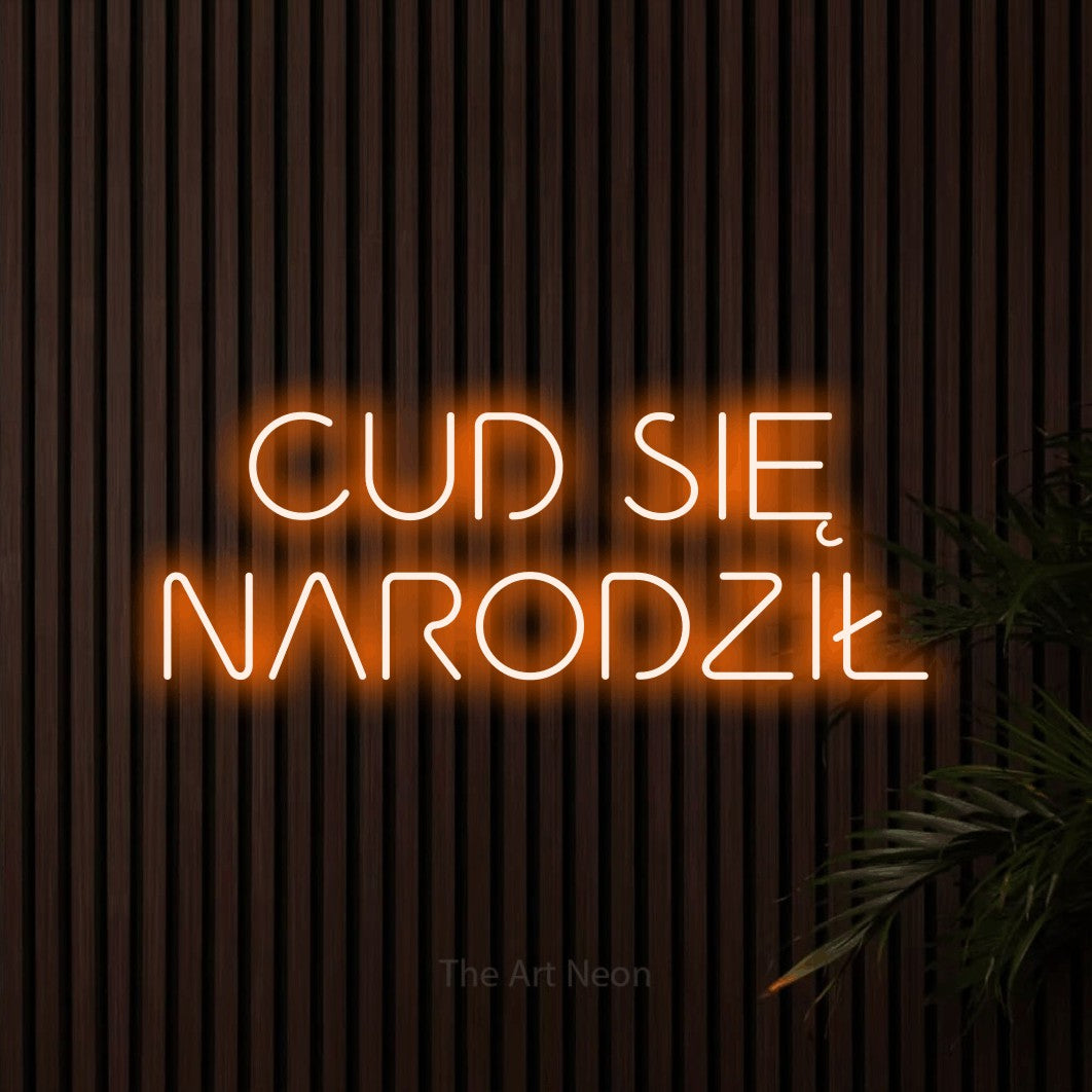 LED neon sign reading “CUD SIĘ NARODZIŁ”, arranged in two lines.
