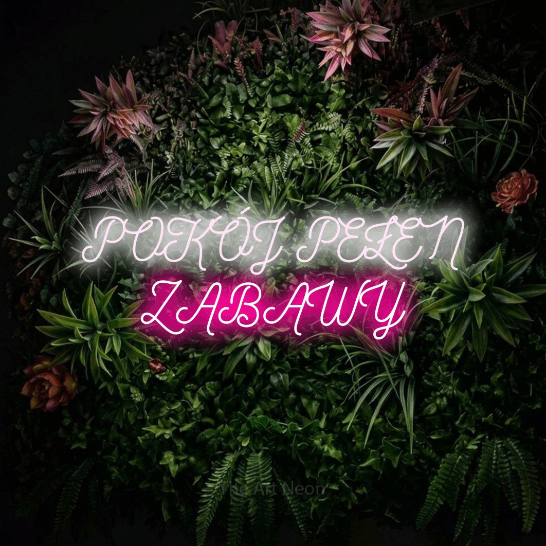 LED neon sign reading “POKÓJ PEŁEN ZABAWY”, arranged in two lines.