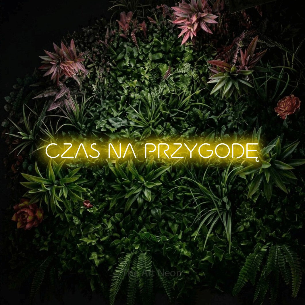 LED neon sign reading “CZAS NA PRZYGODĘ”, arranged in a single line.