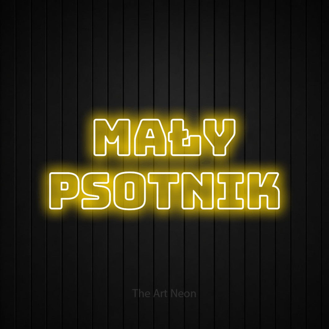 LED neon sign reading “MAŁY PSOTNIK”, arranged in two lines.