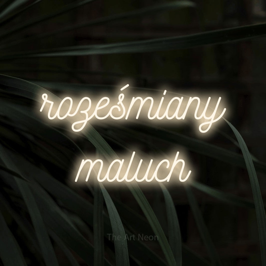 LED neon sign reading “roześmiany maluch”, arranged in two lines.